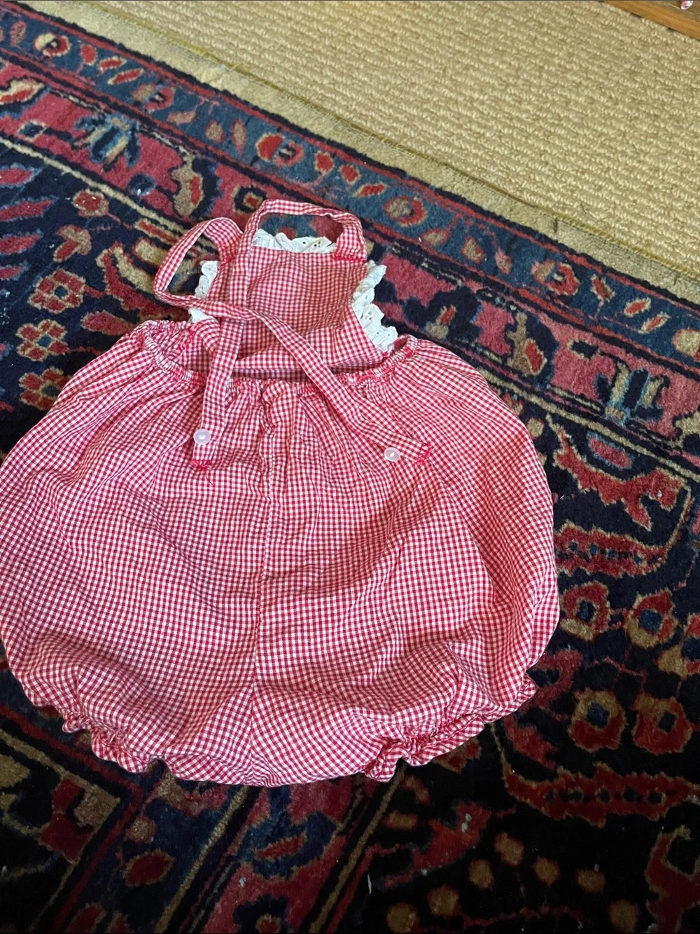 Red Gingham antique baby romper with Rooster Embroidery